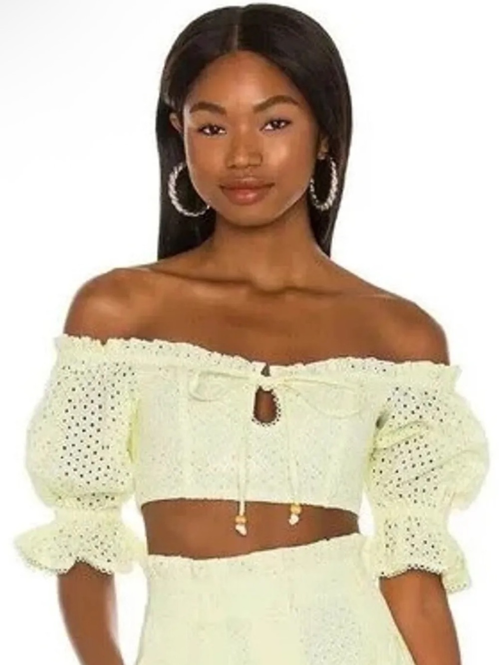 MAJORELLE Pale Yellow Eyelet Off-Shoulder Crop Top